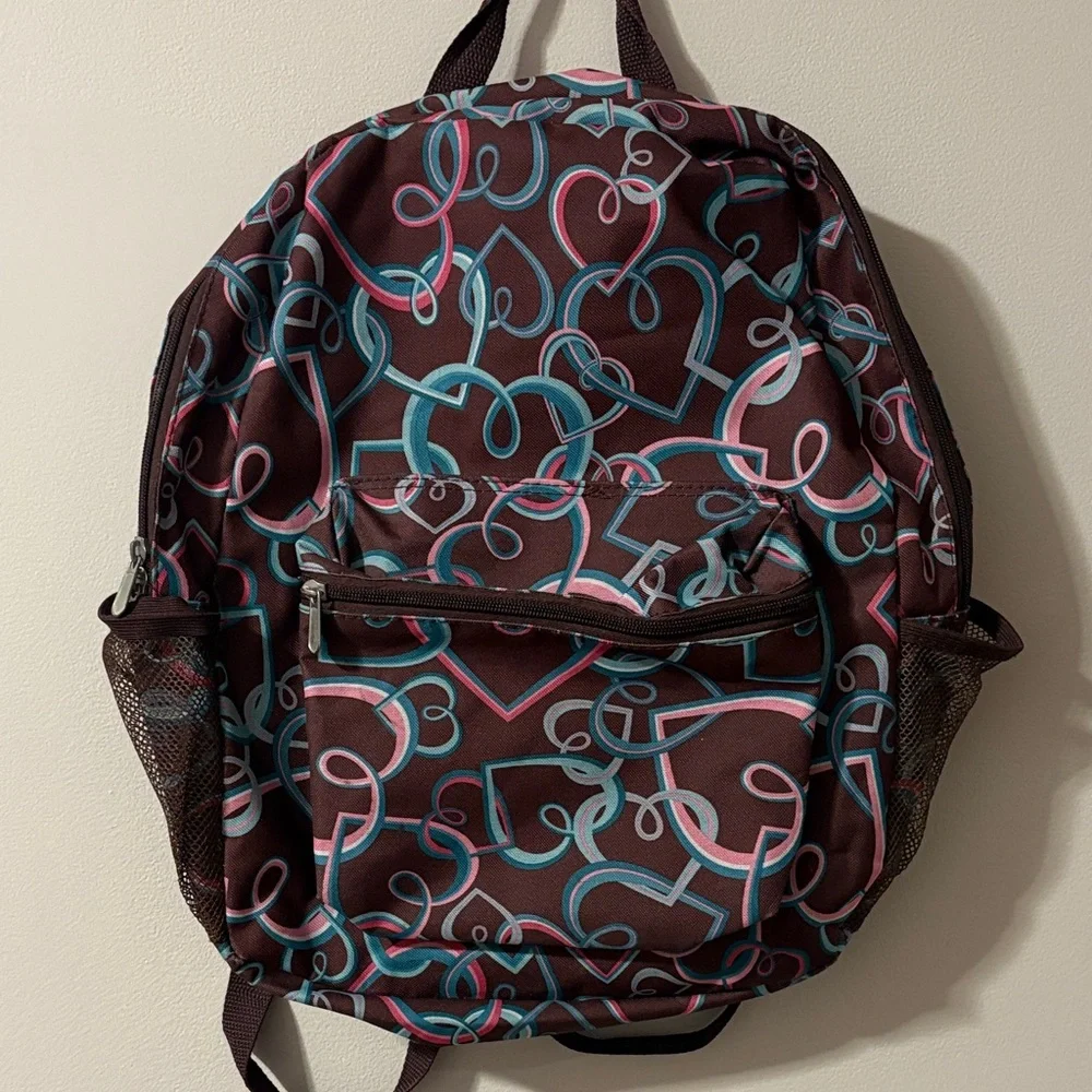 🏡 Intertwined Heart Patterned Backpack - Brown & Multi Colored - OS